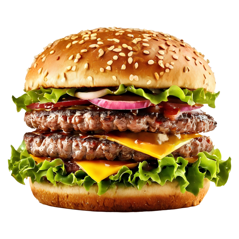 A hamburger with cheese, lettuce and onions png