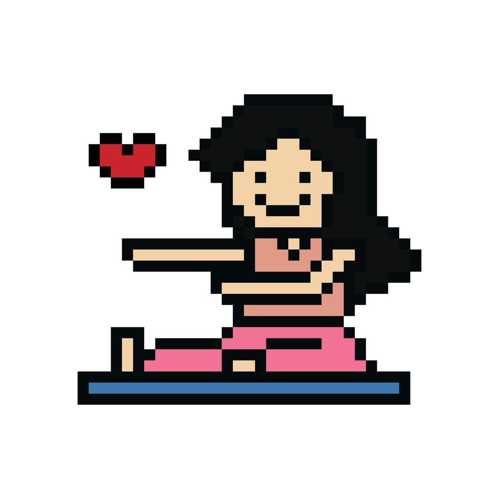 Very Cute pixel cartoon 8bit character woman exercises yoga training alone lifestyle for decoration. vector