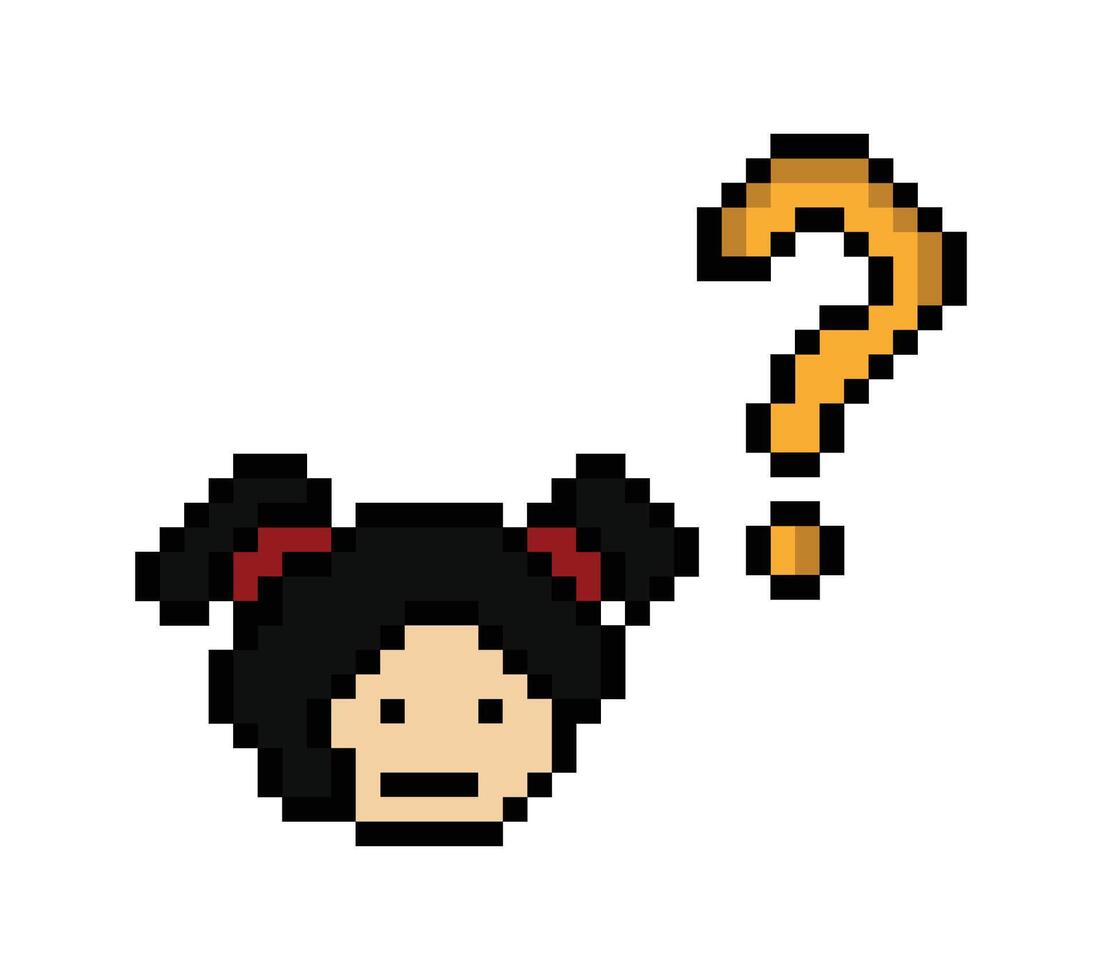 Cute cartoon of girl woman lady with question mark confuse wonder pixel. vector