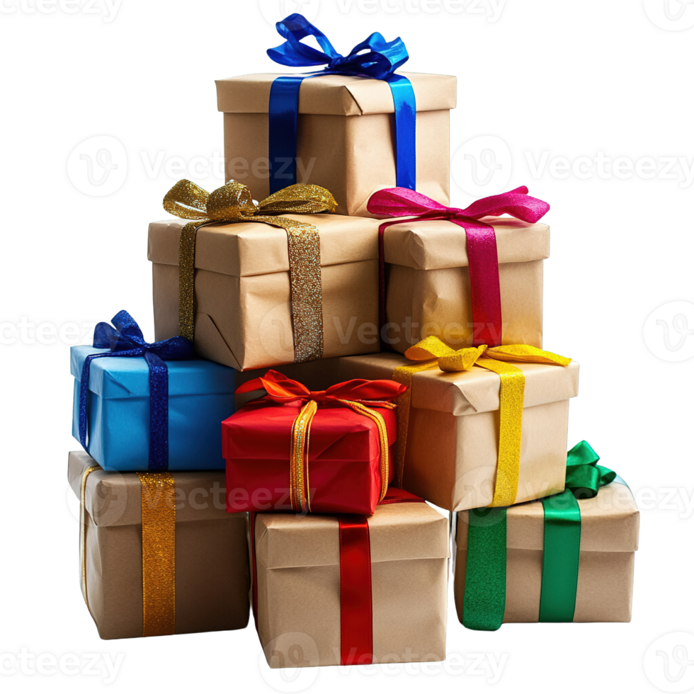 Stack of colorful boxes with ribbons on top png