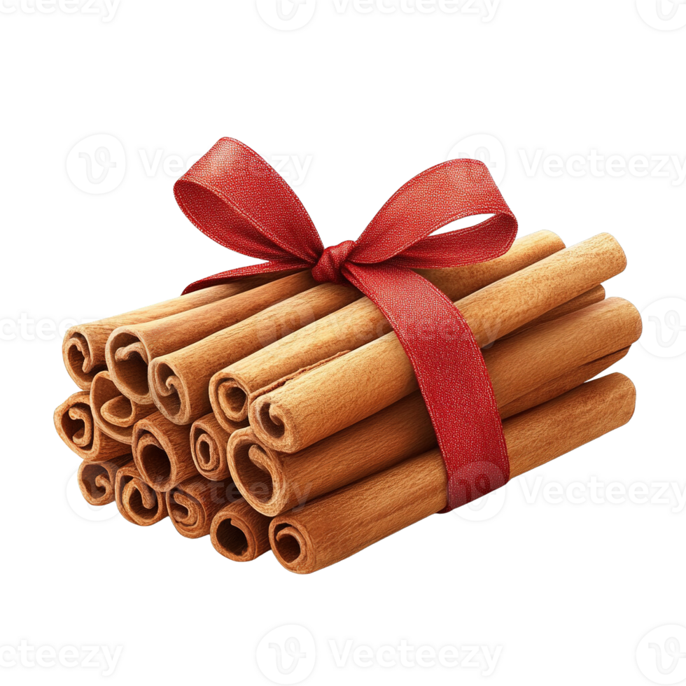 Classic holiday cinnamon stick arrangement with a red ribbon bow png