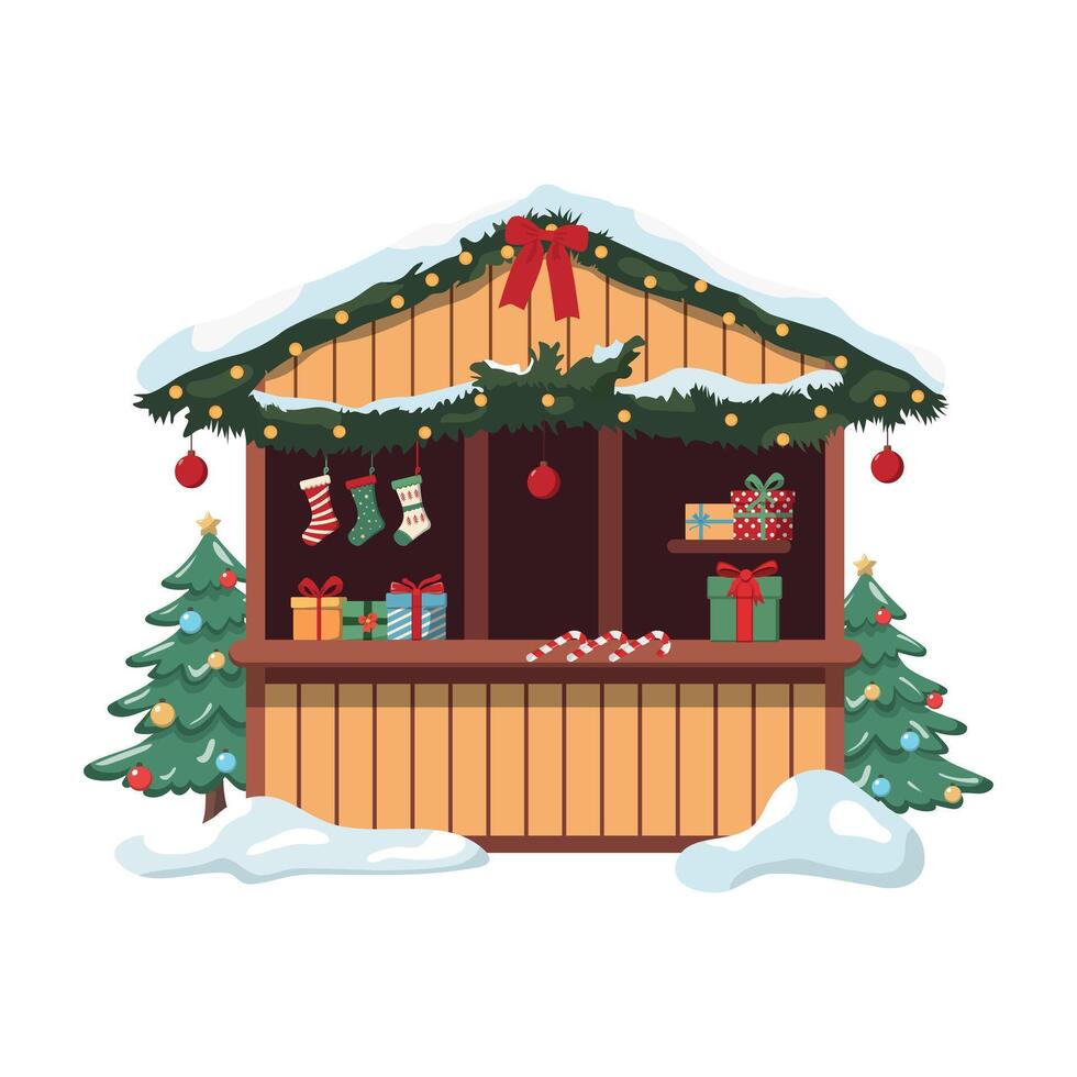 Christmas market stall with presents, fir trees, winter holiday fair with wooden booth illustration. Christmas market card. Isolated on white background vector