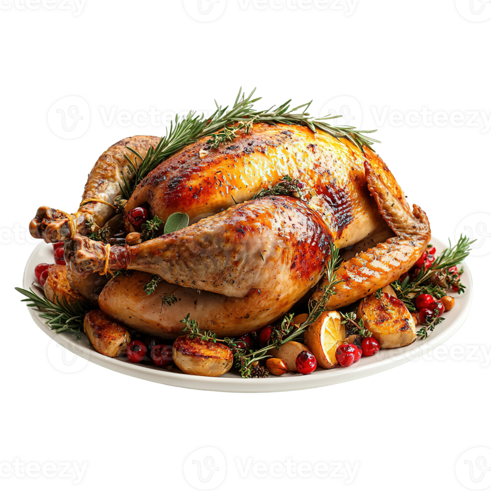 Thanksgiving turkey with crispy skin, surrounded by roasted vegetables and herbs png