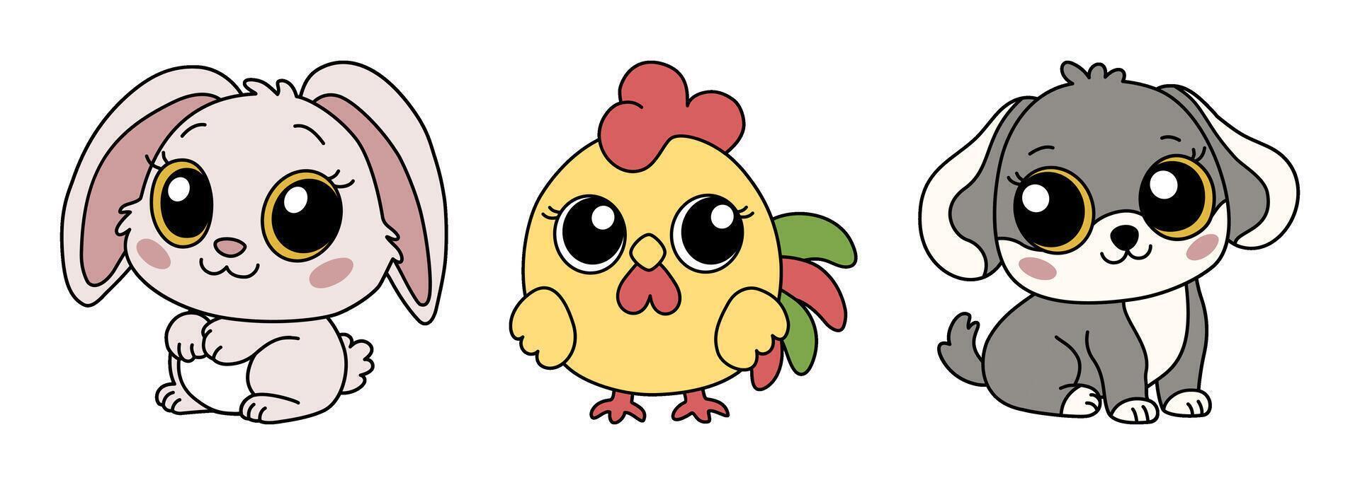 Set of three zodiac animals. Chinese New Year signs icons - rabbit, rooster, dog. Asian kawaii cute style isolated illustration of mascots. Handdrawn illustration isolated on white background. vector