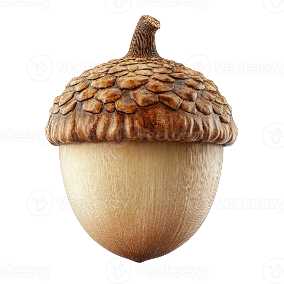 Closeup view of an acorn with a textured cap and a smooth tapering body png