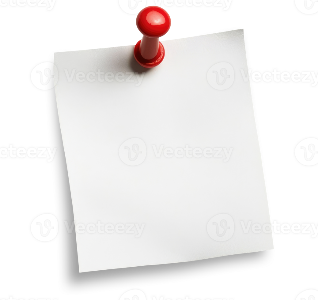 White paper sticky note with red push pin isolated on transparent background png