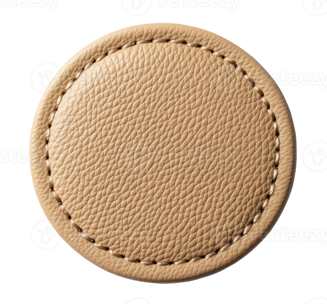 Round beige leather badge isolated on transparent background png