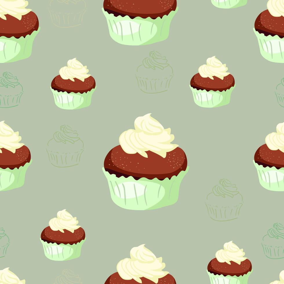 Hand drawn cupcakes and muffins. Pastry, sweet bakery seamless pattern with baked goods. Confectionery baking design. background for wrapping paper, package print, cafeteria and shop wallpapers vector