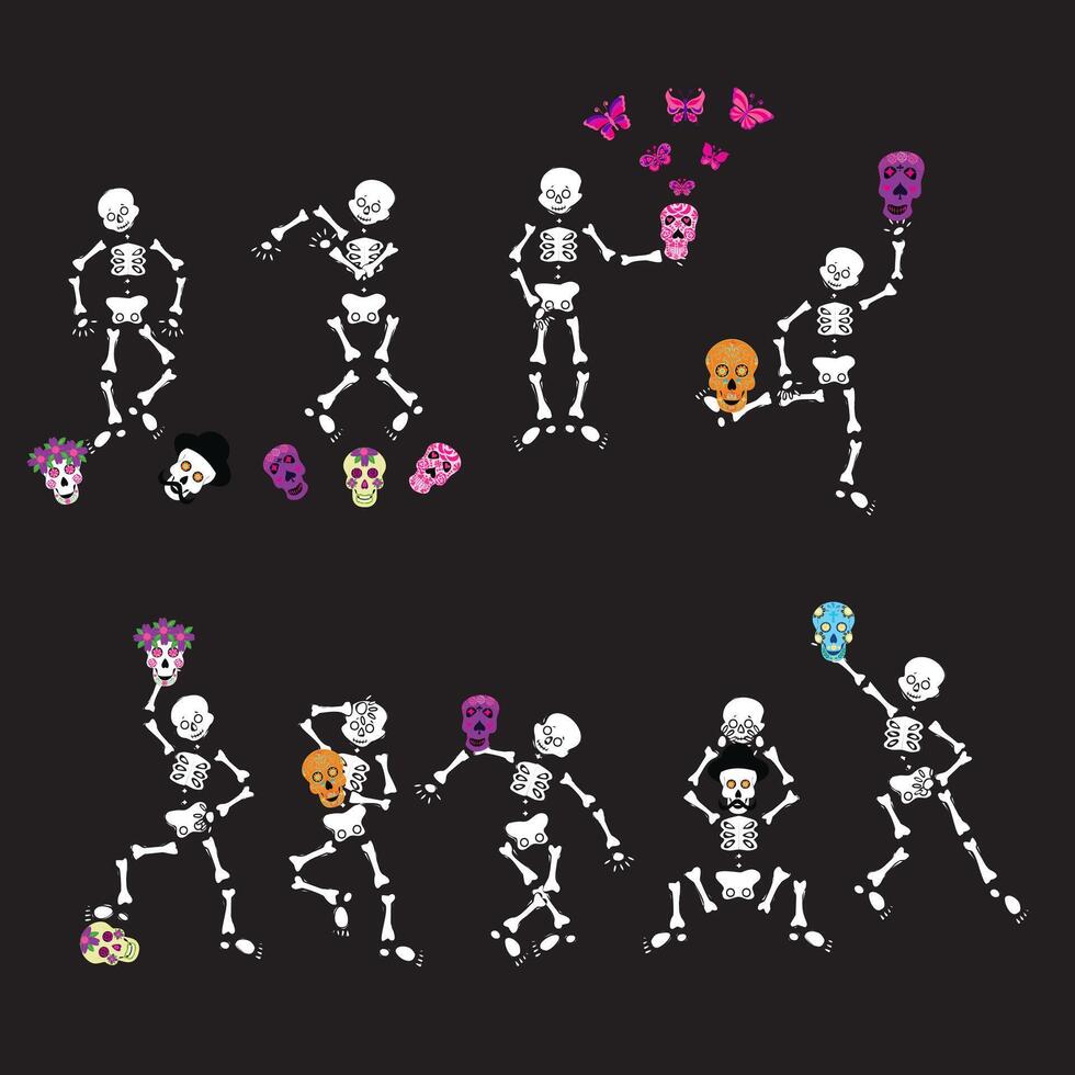 Set of skeletons dancing with sugar skulls. illustration on black background. vector