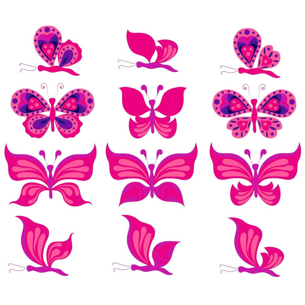 Set of pink and purple butterflies. illustration isolated on white background. vector