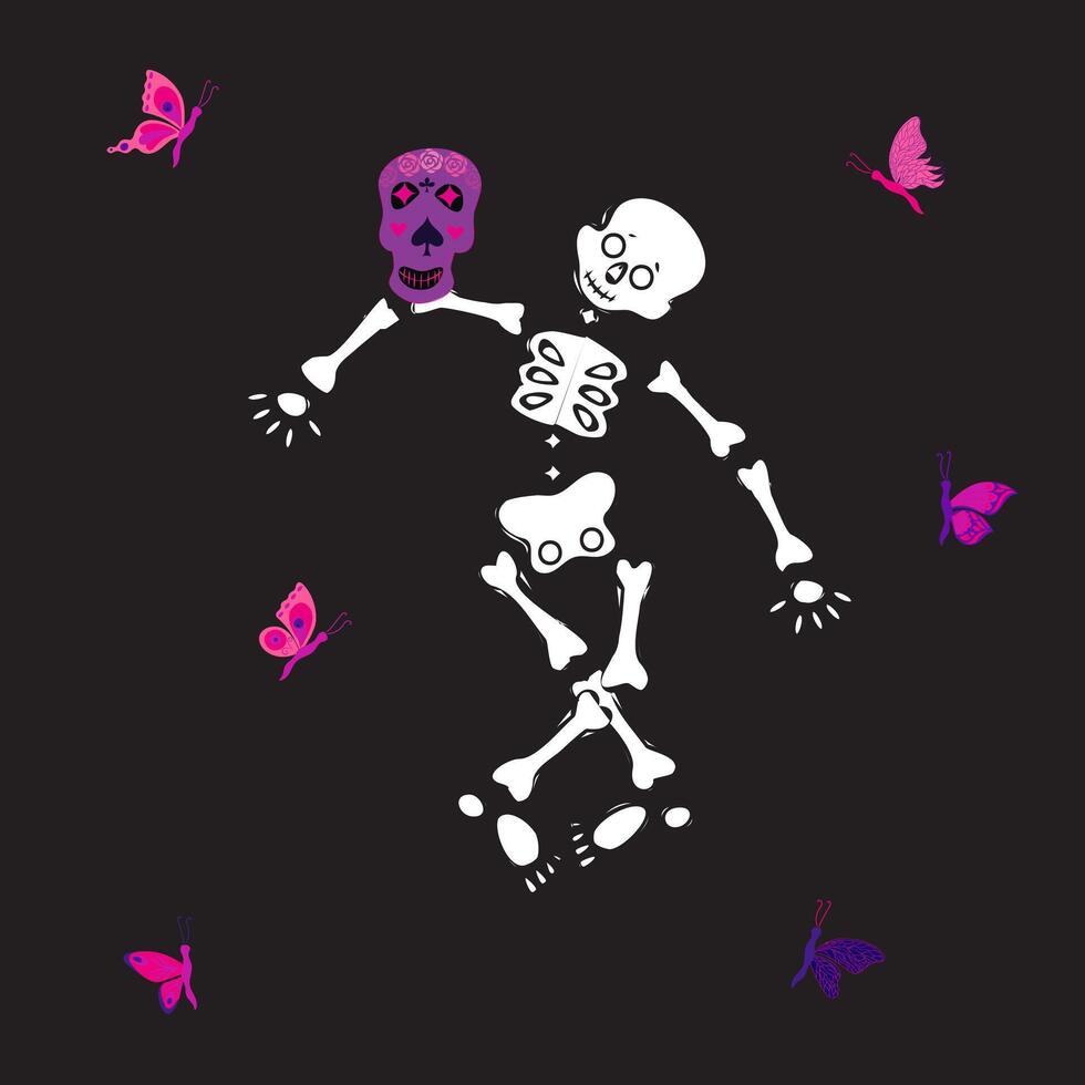 Cute skeleton dancing with sugar skull and pink butterfly. illustration on black background. vector