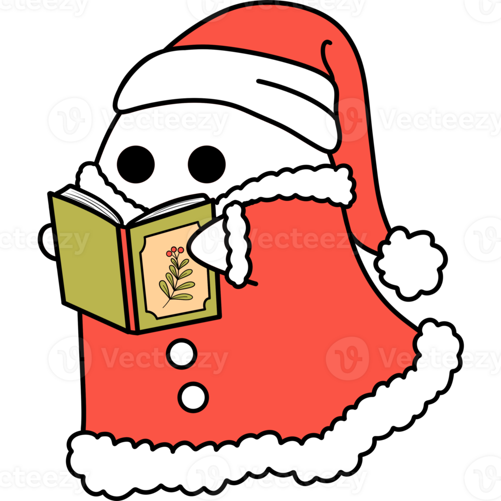 Groovy retro christmas santa ghost reading book clipart png