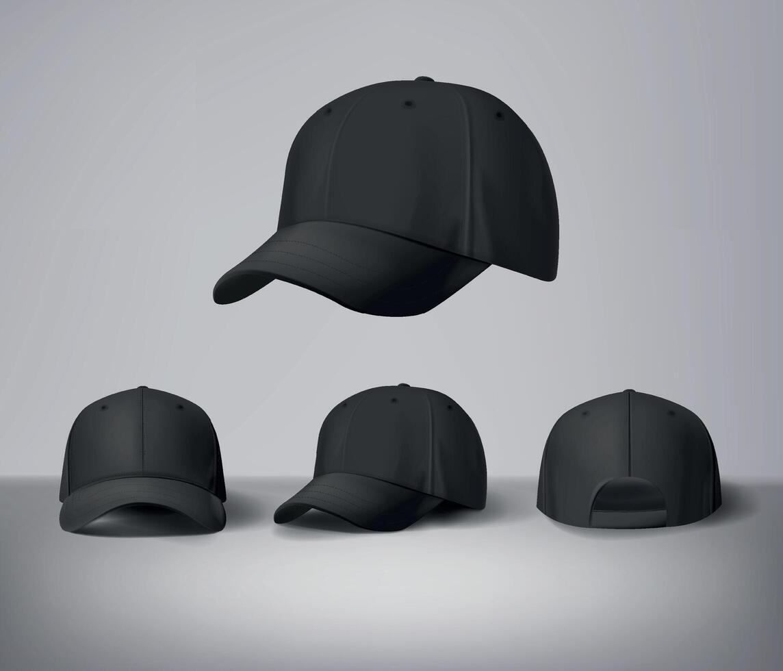 Black baseball caps mock up with logo in gray background, front sides. For branding and advertising. vector