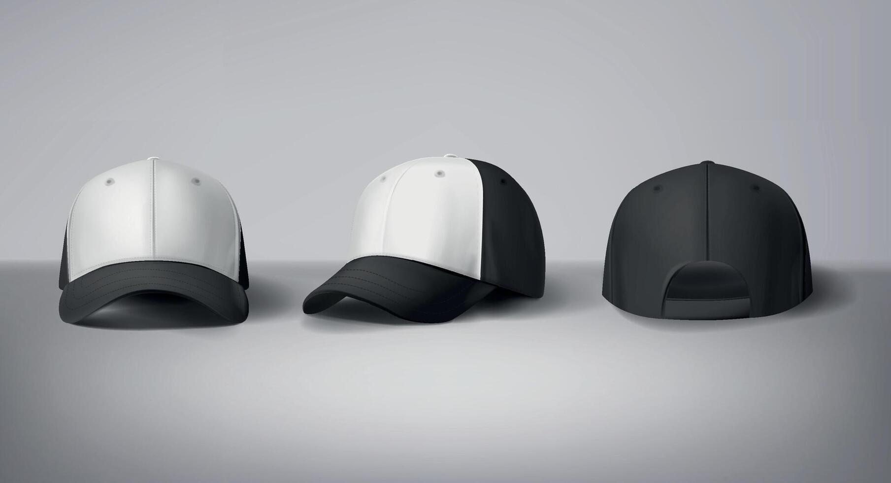 Black and white baseball caps mock up with logo in gray background, front sides. For branding and advertising. vector