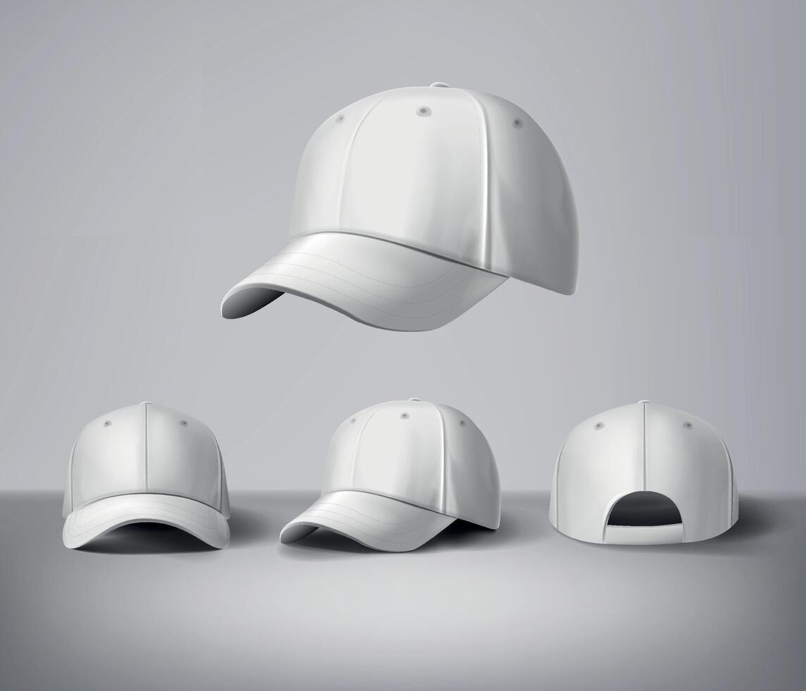 White baseball caps mock up with logo in gray background, front sides. For branding and advertising. vector