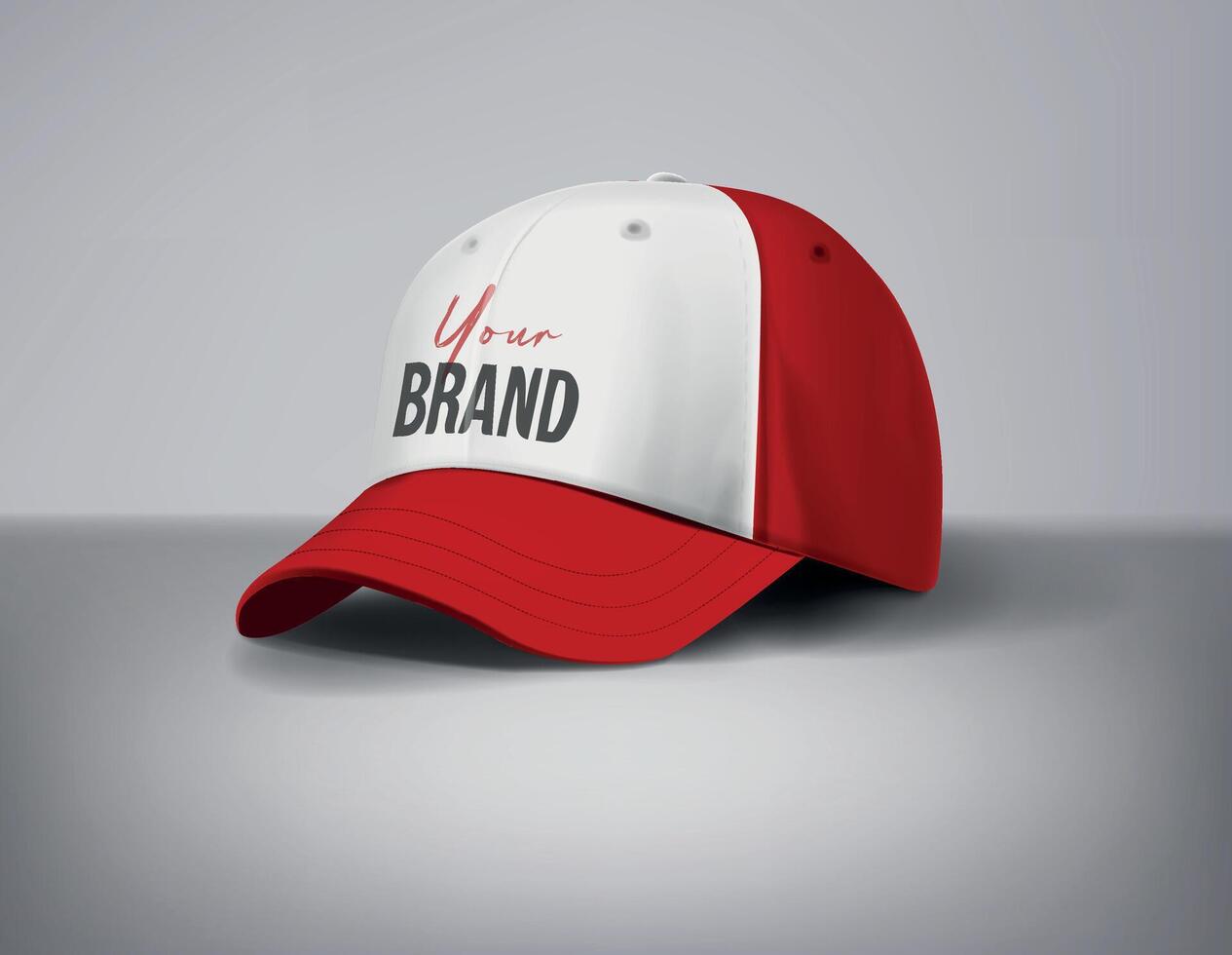 Red baseball caps mock up with logo in gray background, front sides. For branding and advertising. vector