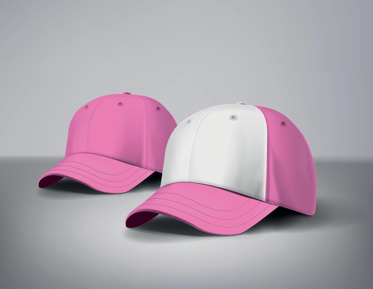 Pink girly baseball caps mock up with logo in gray background, front sides. For branding and advertising. vector