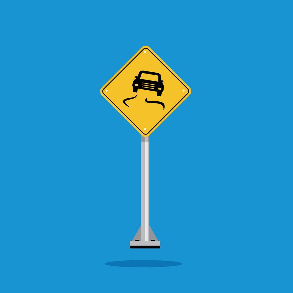 road sign icon, slipery road surface ahead on yellow rhombus. board.suitable for poster use and web icon vector
