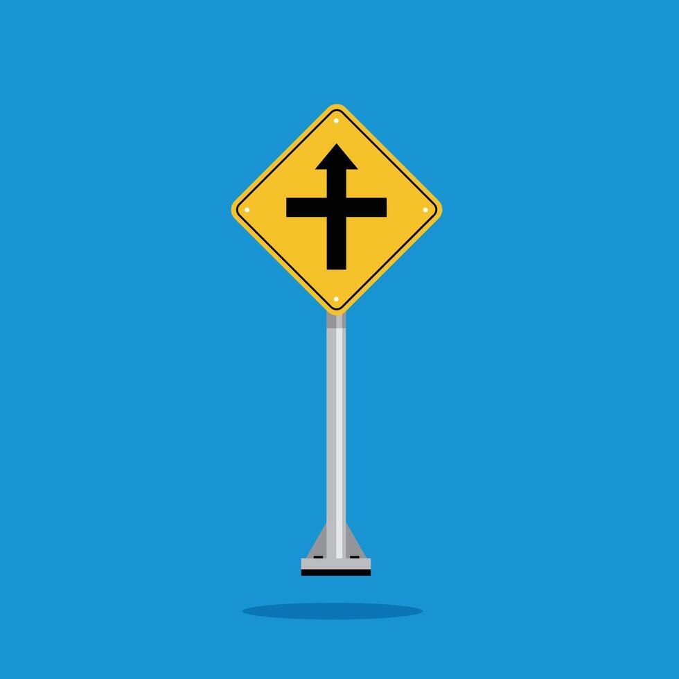 road sign icon, crossroad ahead, side roads to right and left on yellow rhombus. board.suitable for poster use and web icon vector