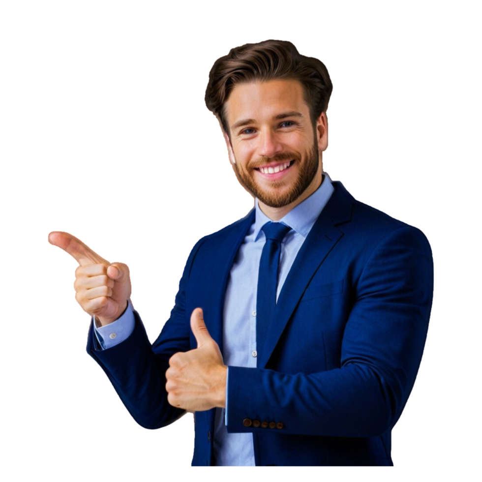 Confident Businessman in Suit Pointing at Something png