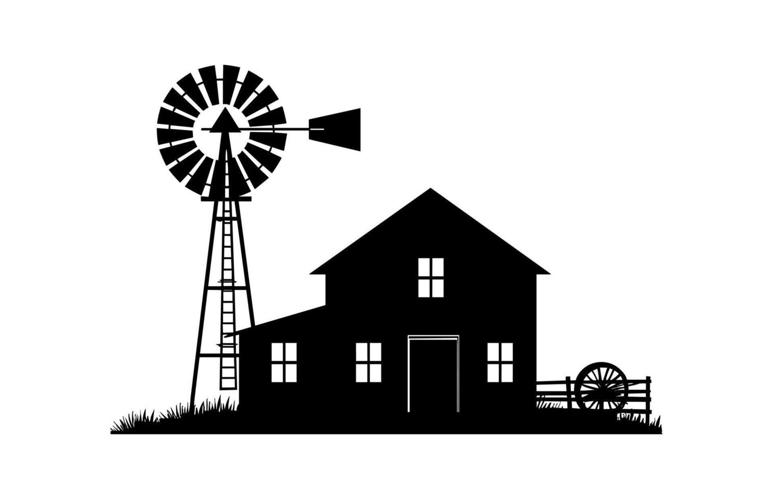 Farmhouse and Windmill Silhouette black Clipart vector