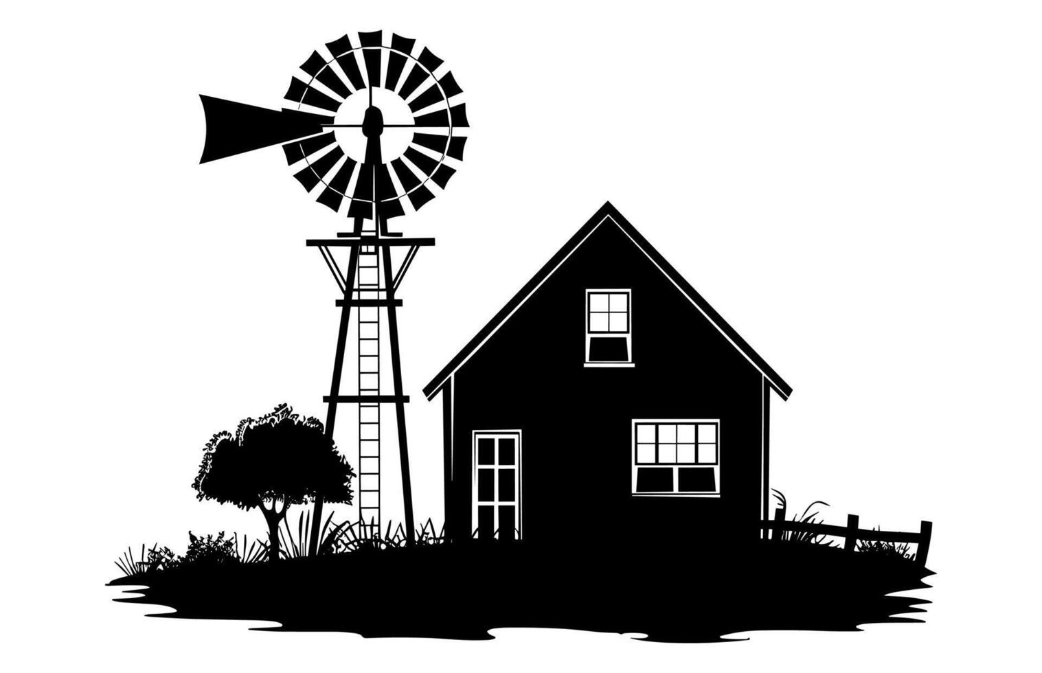 Old Windmill with Farmhouse Silhouette Clipart vector