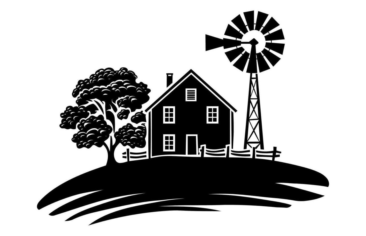 Old Windmill with Farmhouse Silhouette Clipart vector