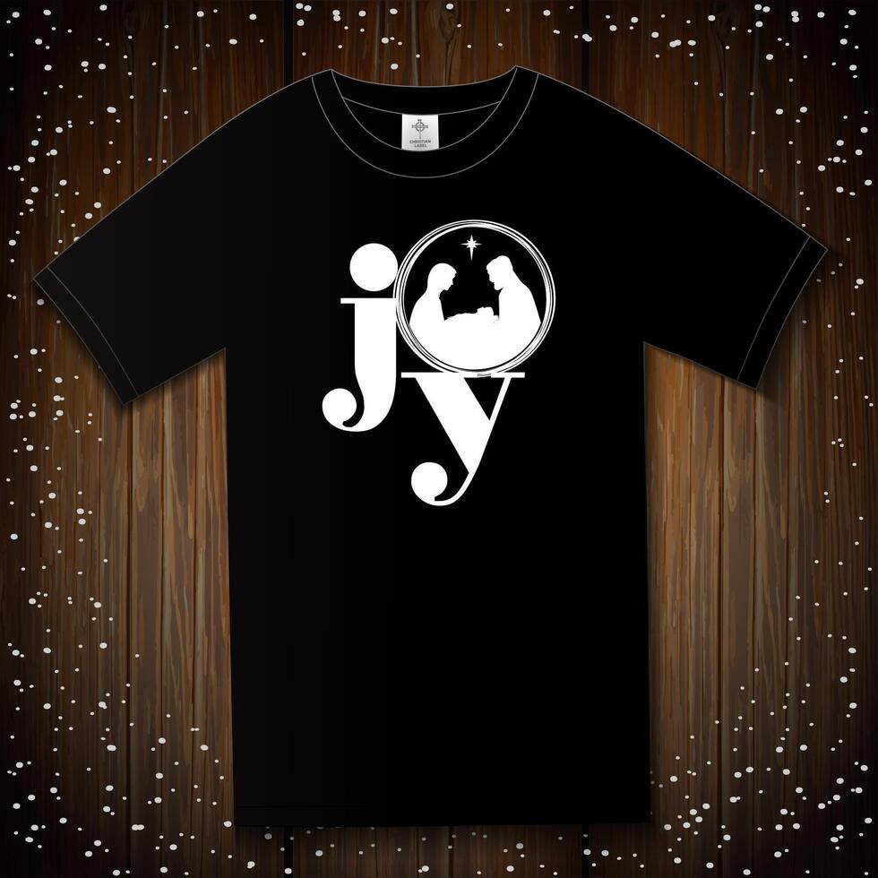 Christmas t-shirt design on wooden boards background. Christian gift concept with isolated logo vector