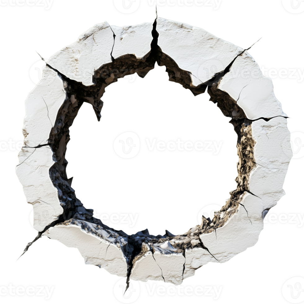 Cracked Circular Hole in a White Wall with Exposed Edges png