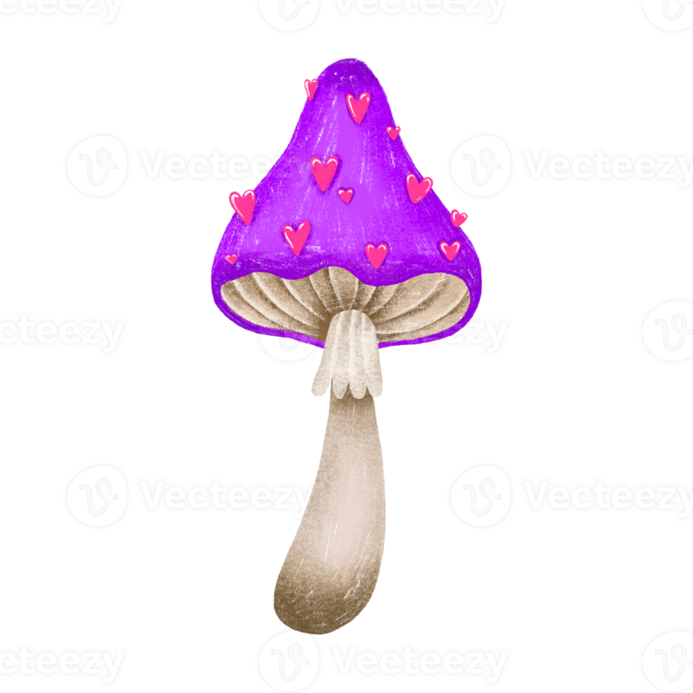 Fantasy magic violet mushroom with heart dots. Hand drawn illustration isolated on background png