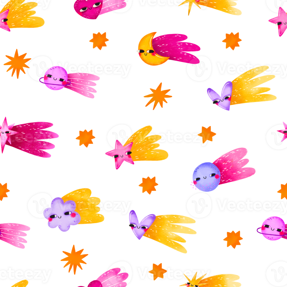 Hand drawn cosmos seamless pattern. Cute planets, stars and heatrs with comet tail patterns. Perfect for kids fabric, textile, nursery wallpaper. Hand drawn illustration. png
