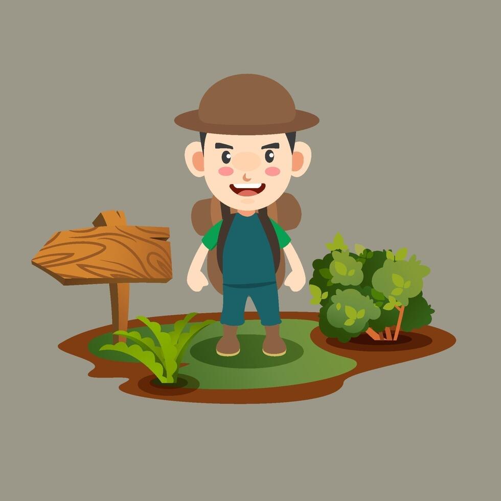 A cartoon boy with a hat and a signpost vector
