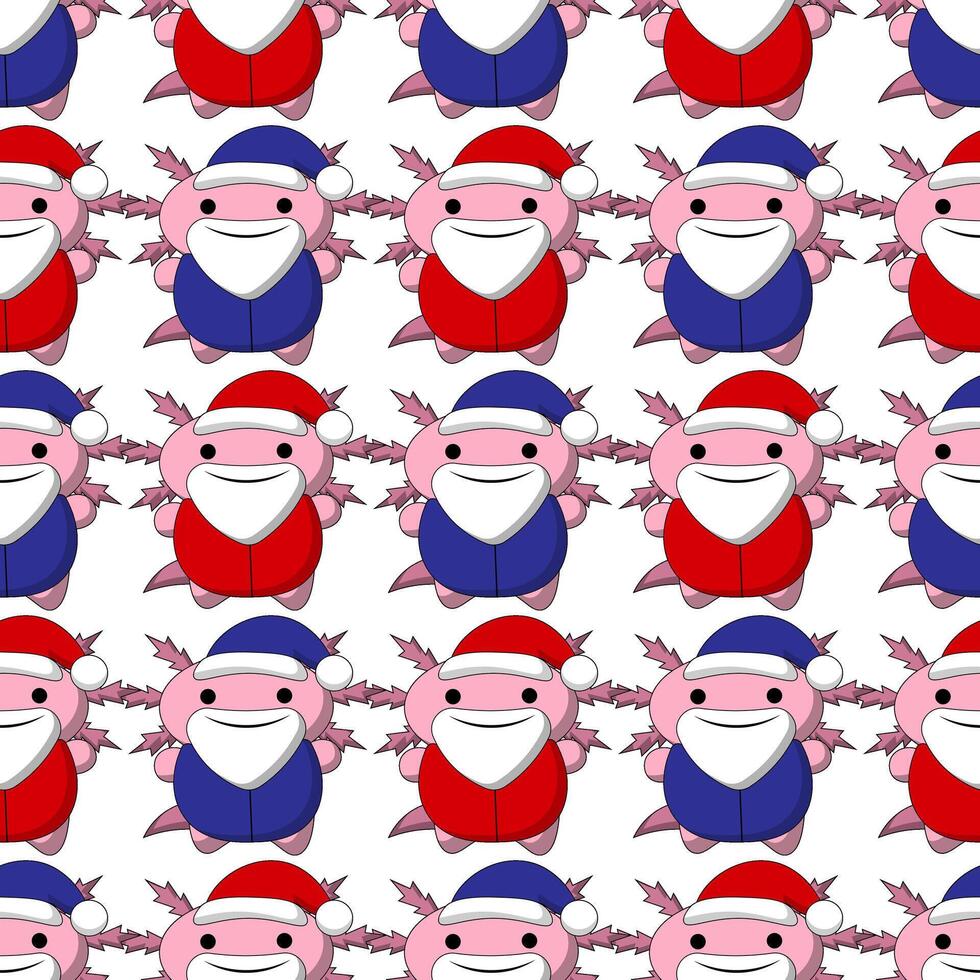 Seamless pattern with Cute Christmas Axolotl Santa vector