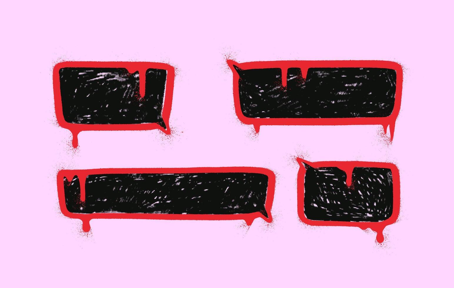 Set of square speech bubbles in street art style. Vertical and horizontal frames drawn with a spray can with drips and splashes shaded inside with a black pencil. Graffiti illustration. vector