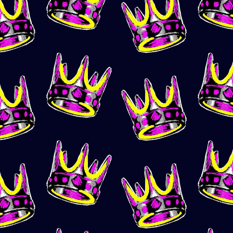 Seamless background with crowns with halftone effect in retro collage style. Crowns cut out of paper and painted with pencils and markers in bright neon colors. Punk background design. vector