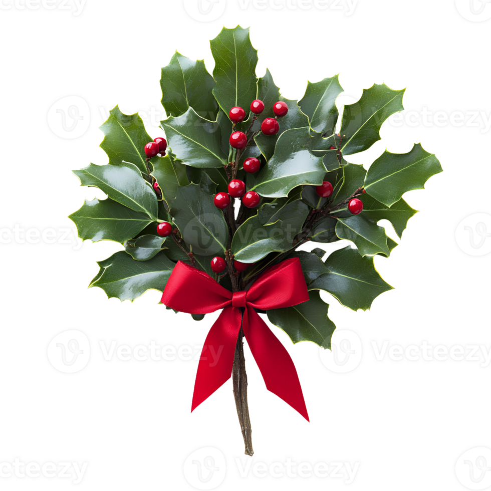 Mistletoe with red bow , top view,. Green mistletoe leaves with red berries, adorned with a festive red bow flat lay . Christmas decoration isolated png