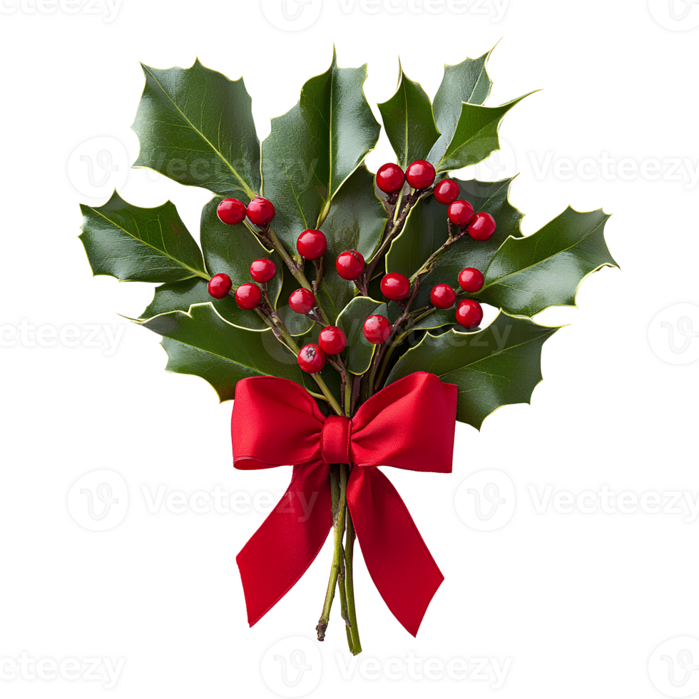 Mistletoe with red bow , top view,. Green mistletoe leaves with red berries, adorned with a festive red bow flat lay . Christmas decoration isolated png