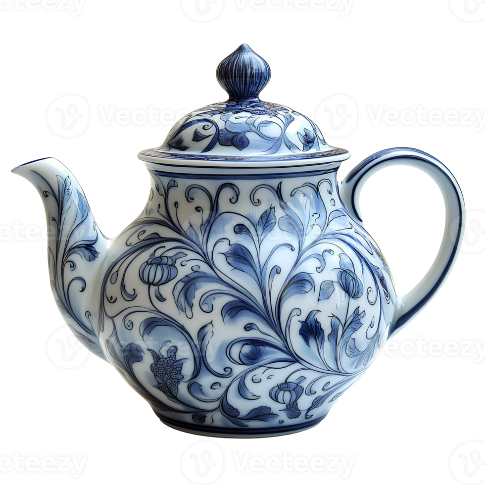 A blue and white teapot with a floral design png