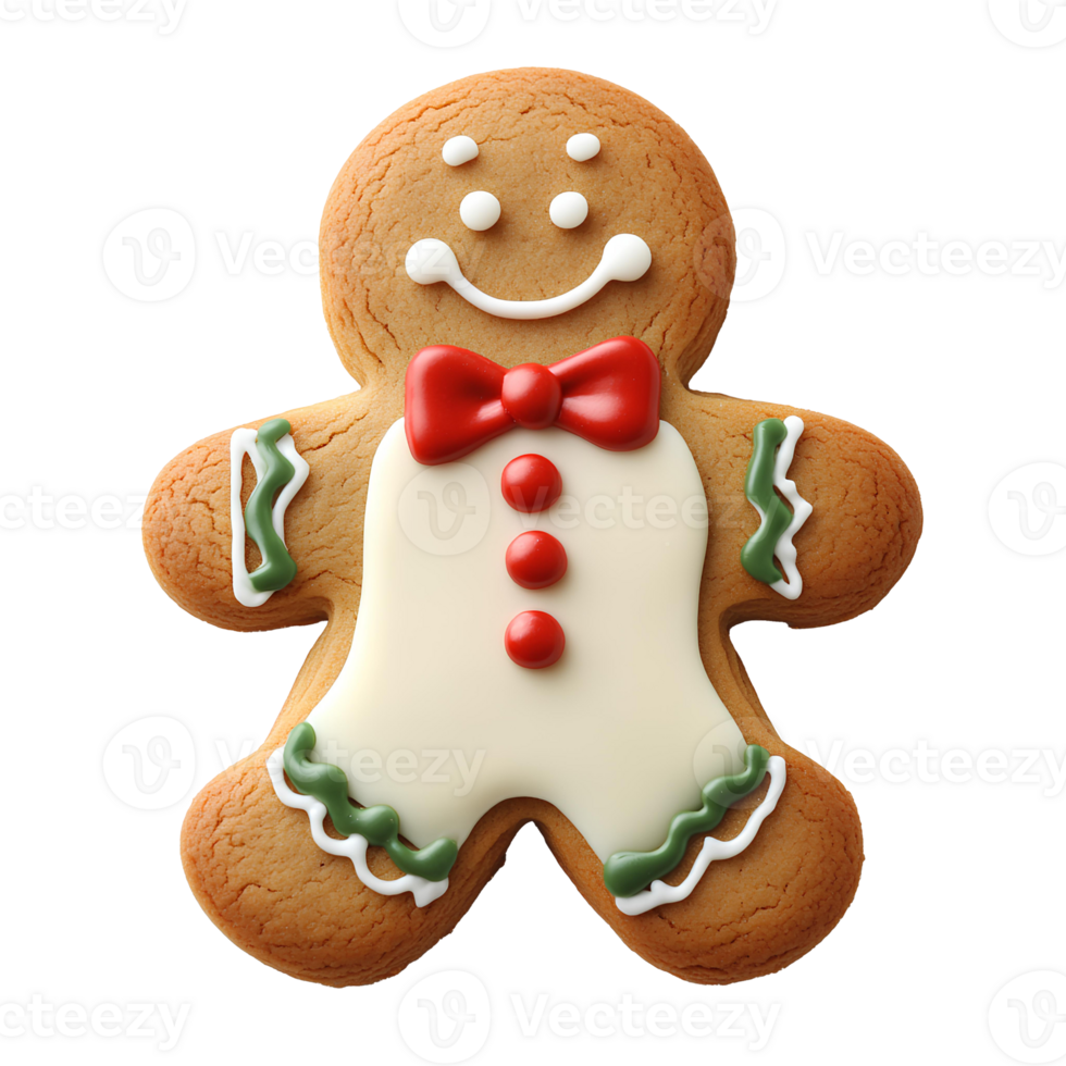 Gingerbread man cookie set . Classic holiday cookie with festive red and green icing accents on buttons and edges. Christmas gingerbread man top view . Gingerbread man cookie flat lay isolated png
