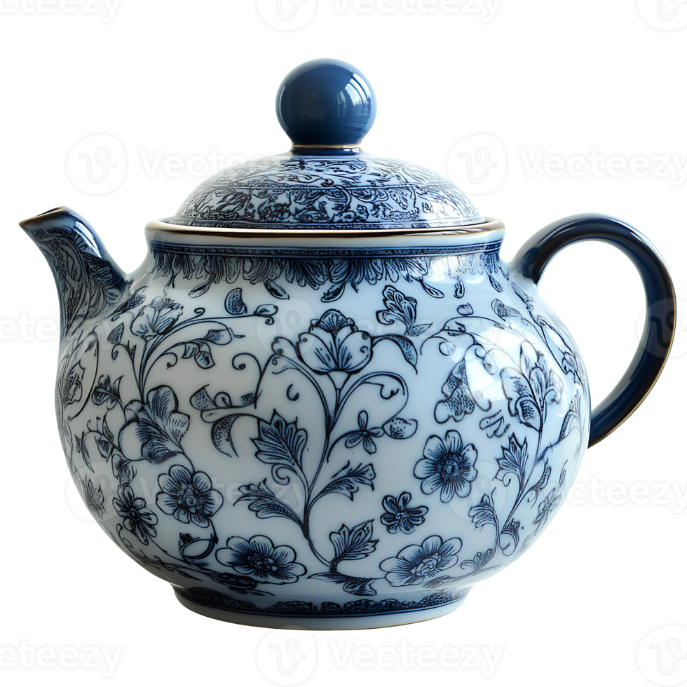 A blue and white teapot with a floral design png