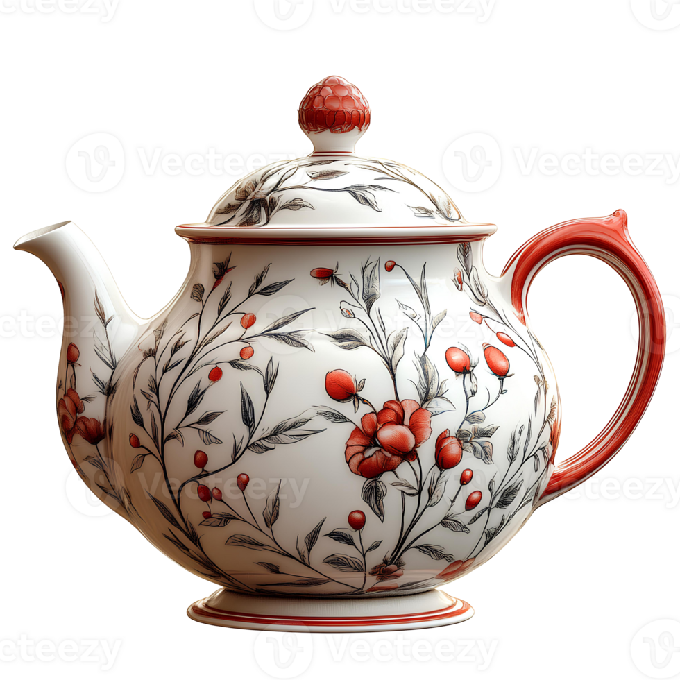 Porcelain teapot with red flower detailing . Elegant white teapot decorated with intricate red floral patterns, ideal for tea-themed design and kitchen decor. Teapot for tea png