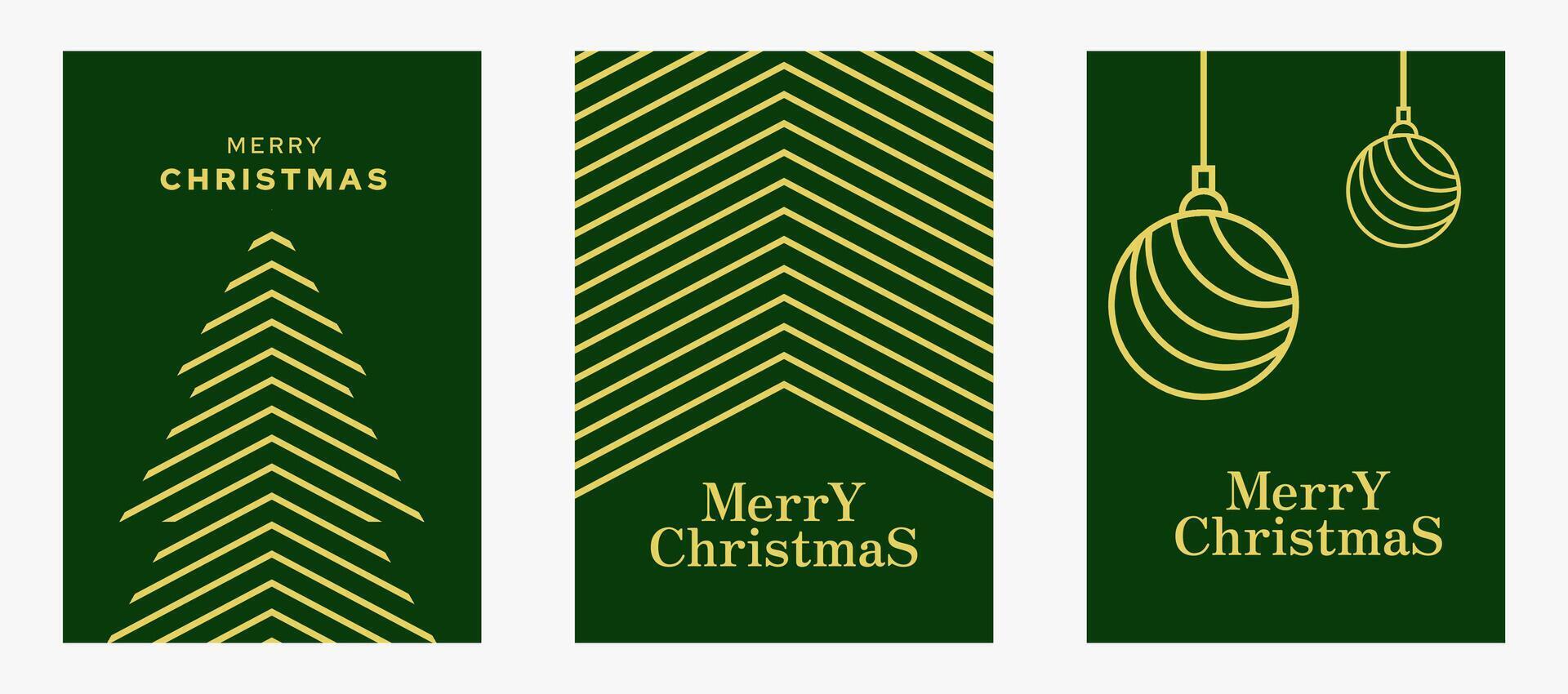 Merry Christmas Line Art Style Poster. Gold and Green Christmas Greeting Card Design. Simple Christmas Poster Design. vector