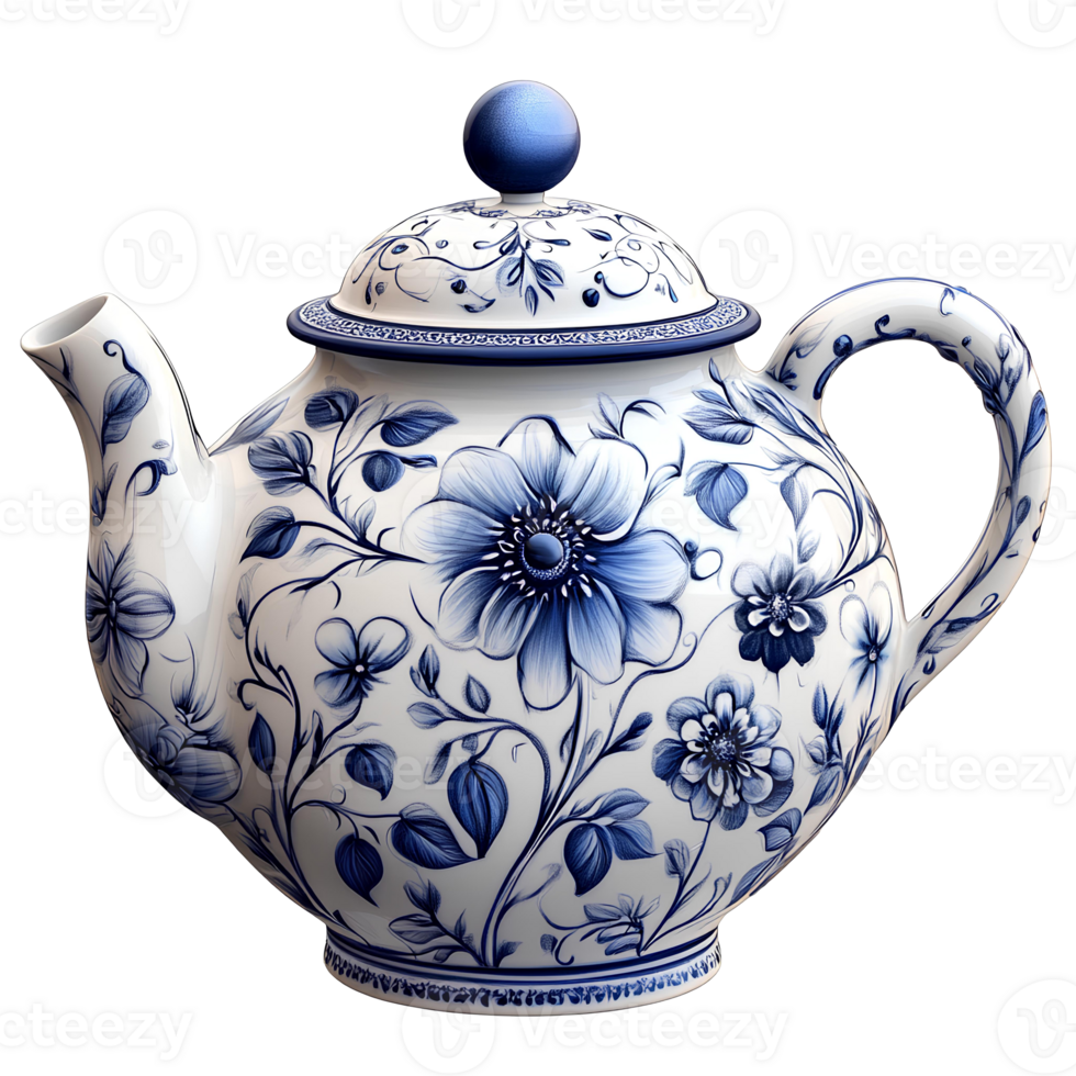 Porcelain teapot with blue flower detailing . Elegant white teapot decorated with intricate redbluefloral patterns, ideal for tea-themed design and kitchen decor. Teapot for tea png