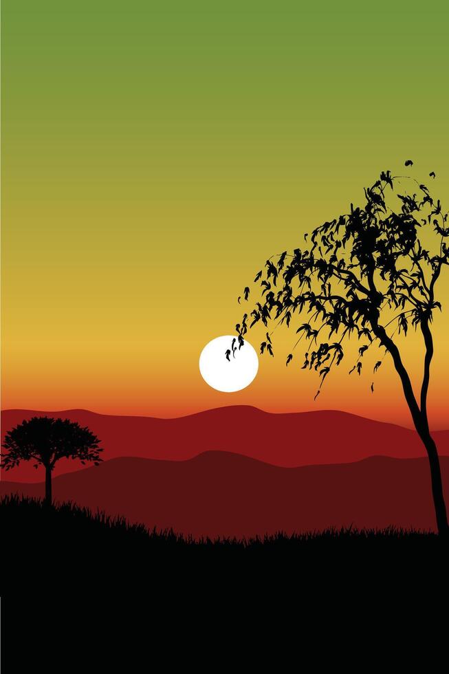 Vibrant Sunset with Tree Silhouettes on Rolling Hills vector