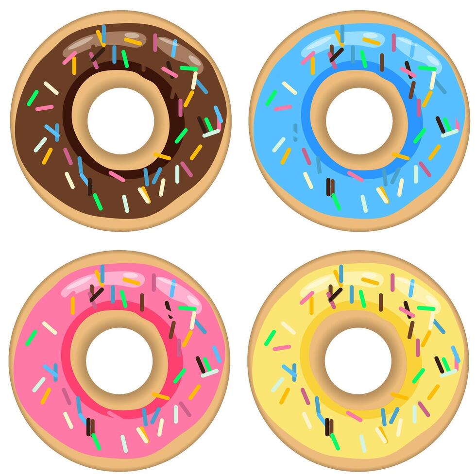 Set of colourful Doughnuts with sprinkles and glazed icing, isolated on a white background vector
