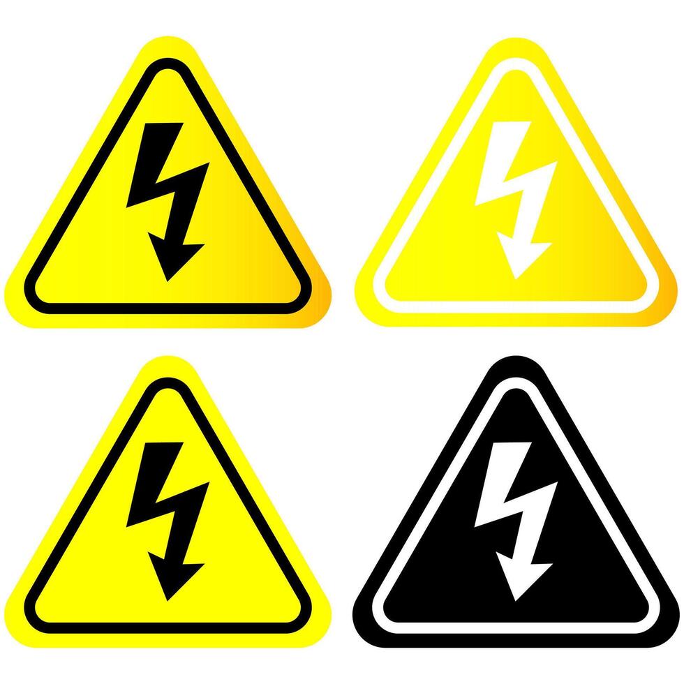 Yellow High voltage triangle signs with lightning in 4 designs, Colour and black and white isolated on a white background vector