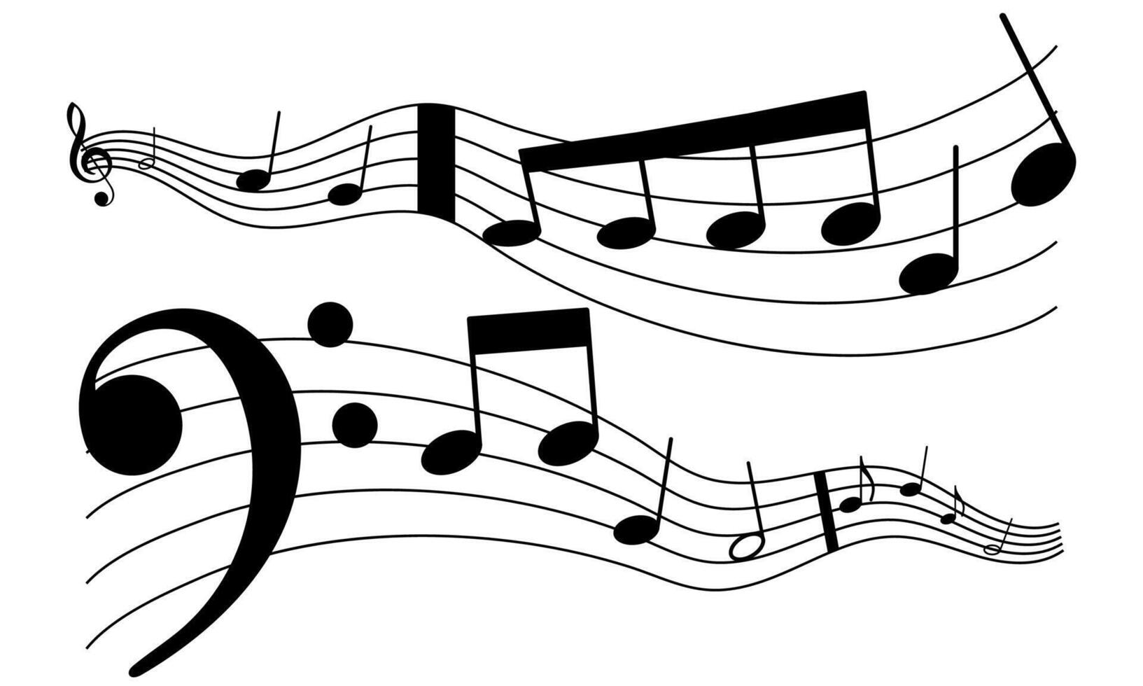 Musical notes wave and stave, treble and bass clef, song or sheet music flat design vector