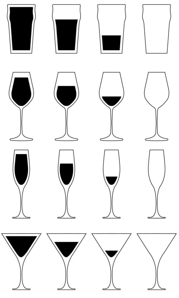 Set of different type of drinks glasses flat design isolated on a white background vector