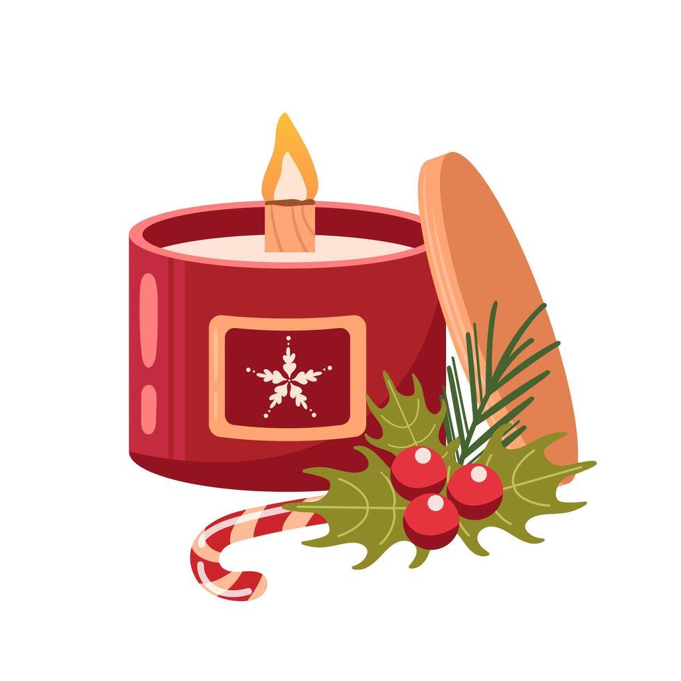 Handcrafted soy candle in a glass jar with a wooden wick, filled with festive Christmas scents. holly. for creating a cozy atmosphere and enhancing relaxation during the holiday season. Small business vector