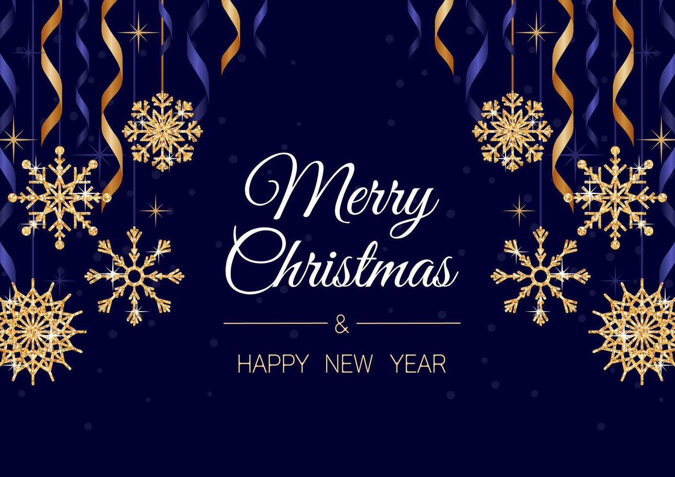 Glittering snowflakes adorn a joyful banner that expresses Merry Christmas and Happy New Year. A festive design includes lifelike holiday elements and shimmering gold confetti, presented horizontal vector
